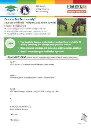 Click to view Resource 104123 Design a persuasive Adopt a Donkey Charity Leaflet 