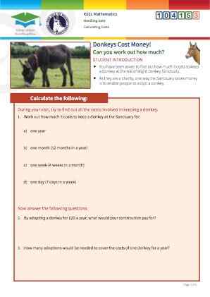 Click to view Resource 104153 Calculating Costs at the Isle of Wight Donkey Sanctuary